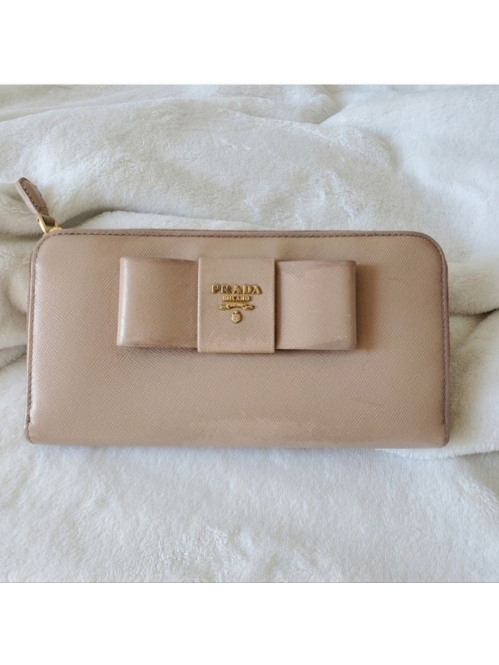 Prada Saffiano Leather Bow Zip Around Wallet Large Nude